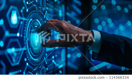 A man is pointing at a light bulb on a computer screen. Concept of innovation and progress, as the light bulb symbolizes new ideas and advancements in technology 114366334