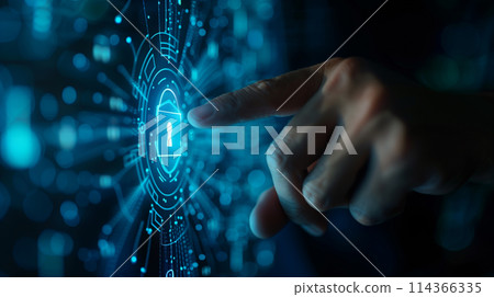 A person is pointing at a blue button that says "lock" on it. Concept of security and protection, as the person is using the button to lock something 114366335