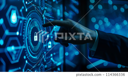 A man is pointing at a blue screen with a lock symbol on it. Concept of security and protection 114366336