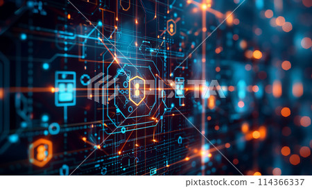 A computer screen with a lot of lines and dots. The lines and dots are in different colors and shapes 114366337
