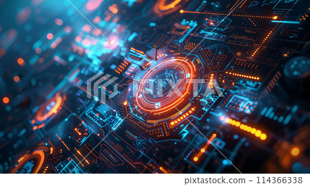 A computer chip with a blue and orange design. The blue and orange colors give the image a futuristic and technological feel A computer chip with a blue and orange design. The blue and orange colors give the image a futuristic and technological feel 114366338