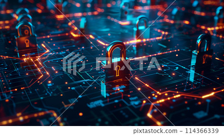 A computer chip with many locks on it. Concept of security and protection 114366339