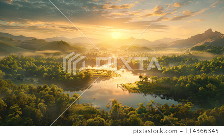 A beautiful landscape with a large body of water and mountains in the background. The sun is setting, casting a warm glow over the scene 114366345