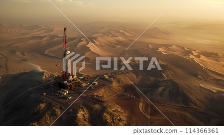 A drilling rig is in the middle of a desert. The desert is barren and dry, with no vegetation in sight. The drilling rig is surrounded by a few other structures, including a tower and a building A drilling rig is in the middle of a desert. The desert is barren and dry, with no vegetation in sight. The drilling rig is surrounded by a few other structures, including a tower and a building 114366361