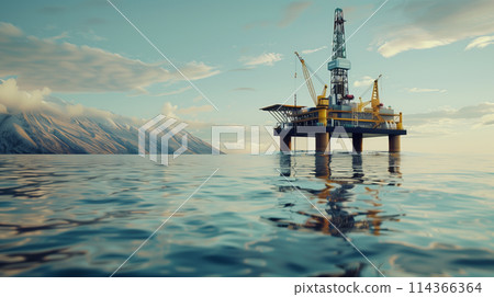 A large oil rig is floating in the ocean. The rig is surrounded by water and mountains in the background. The scene is peaceful and serene, with the oil rig standing out as a symbol of human ingenuity A large oil rig is floating in the ocean. The rig is surrounded by water and mountains in the background. The scene is peaceful and serene, with the oil rig standing out as a symbol of human ingenuity 114366364