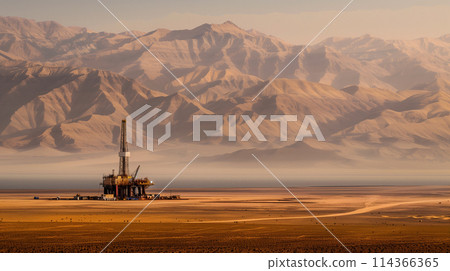 A drilling rig is in the middle of a desert. The desert is barren and the sky is cloudy A drilling rig is in the middle of a desert. The desert is barren and the sky is cloudy 114366365