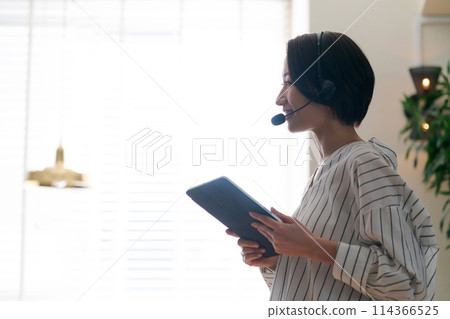 Business person holding a microphone and giving an explanation 114366525