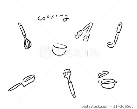 Simple pen line drawing kitchen utensil illustration set (monochrome) 114366563