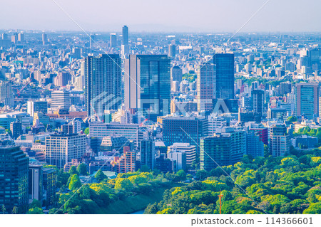 Tokyo cityscape in Japan: View of the town around Iidabashi Station and Kagurazaka. In the foreground you can also see Chidorigafuchi and Sanbancho housing. 114366601