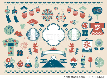 日式框架和夏季節日圖標集 114366661