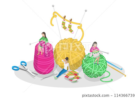 3D Isometric Flat Conceptual Illustration of Knitwork, Handcraft Hobby 3D Isometric Flat Conceptual Illustration of Knitwork, Handcraft Hobby 114366739