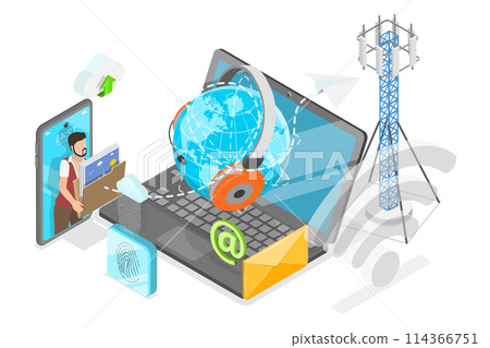 3D Isometric Flat  Conceptual Illustration of Telecommunication Network, Radio and Mobile Connection 114366751