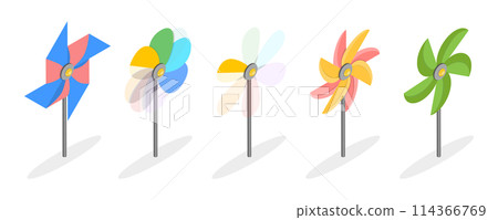 3D Isometric Flat  Set of Pinwheels, Summer Ventilator Toys 114366769