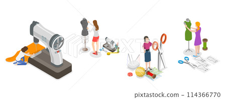 3D Isometric Flat Conceptual Illustration of Sewing Workshop, Fashion Designer 3D Isometric Flat Conceptual Illustration of Sewing Workshop, Fashion Designer 114366770