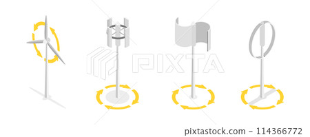 3D Isometric Flat  Conceptual Illustration of Vertical Axis Wind Turbines, Technologies for Alternative Power Production 114366772