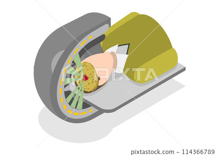 3D Isometric Flat  Conceptual Illustration of Gamma Tumor Cancer Treat Exam, X-ray MRI 114366789