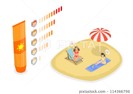 3D Isometric Flat Conceptual Illustration of SPF Protection Infographics, Sun Care Products 3D Isometric Flat Conceptual Illustration of SPF Protection Infographics, Sun Care Products 114366798
