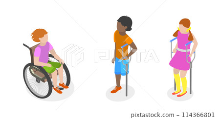 3D Isometric Flat Conceptual Illustration of Children With Cerebral Palsy, Support for Kids with Health Problems 3D Isometric Flat Conceptual Illustration of Children With Cerebral Palsy, Support for Kids with Health Problems 114366801
