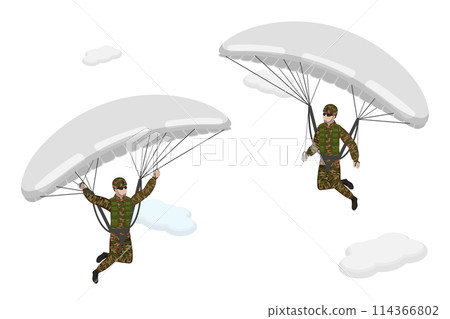 3D Isometric Flat  Conceptual Illustration of Paratroopers, Skydivers in Khaki Military Uniform 114366802