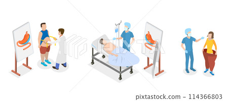 3D Isometric Flat  Conceptual Illustration of Bariatric Surgery, Vertical Sleeve Gastrectomy 114366803