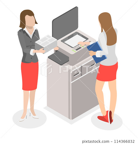 3D Isometric Flat  Conceptual Illustration of Paperwork With Printer, Office Multi-function Machine 114366832