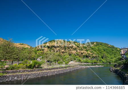 Fresh green mountains and tower island scenery in Uji Park 114366885