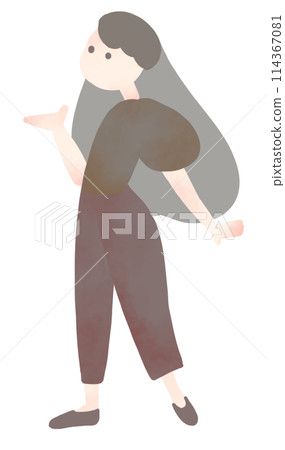 一位年輕女子在介紹時用手展示的全身手繪插圖 114367081