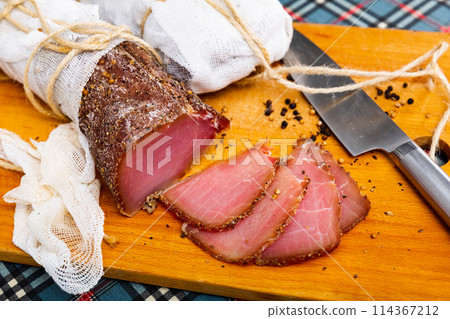 Thinly sliced cured pork sirloin meat Thinly sliced cured pork sirloin meat 114367212