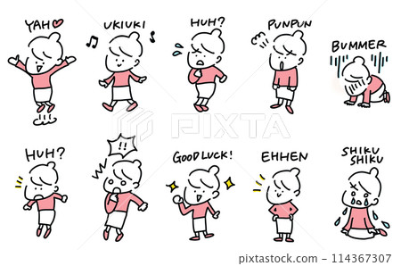 Women in various poses and expressions Manga style English Set Simple and cute line drawing illustrations 114367307