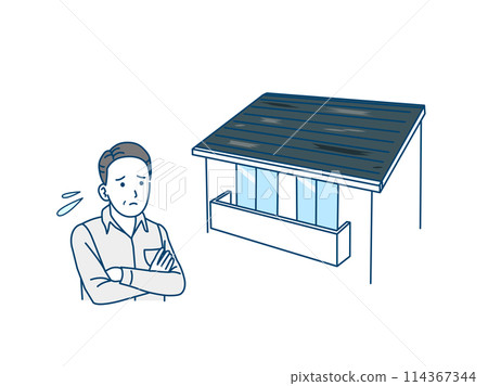 Illustration of a middle-aged man troubled by peeling paint on his roof 114367344
