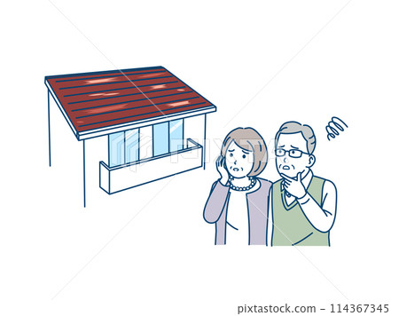 Illustration of an elderly couple having trouble with peeling paint on their roof 114367345