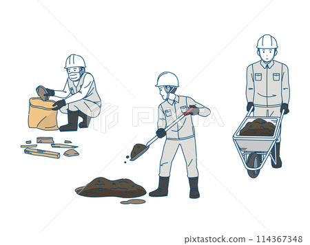 Civil engineering work: Illustration of a male civil engineer removing rubble and mud 114367348