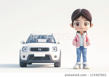 私家車圖像:站在車旁的女人,白色背景 私家車圖像:站在車旁的女人,白色背景 114367681