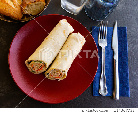 French cuisine, wrap tuna with crudite vegetables and greens 114367735