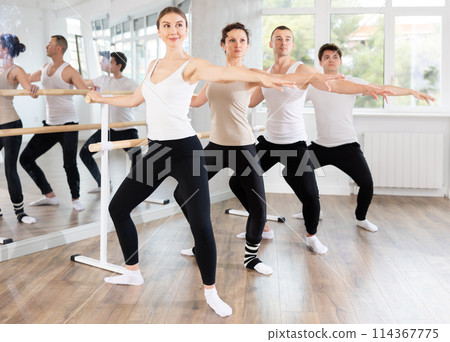 Woman practicing demi plie at barre at group ballet class Woman practicing demi plie at barre at group ballet class 114367775