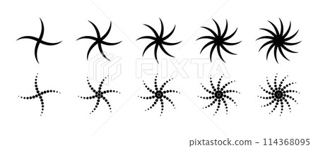 Different twist or swirl element set. Black twirl and rotating line collection. Circular radial revolving whirlwind symbols bundle for graphic design. Tornado or whirlpool rotation effect pack. Vector 114368095