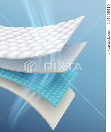 Details of quality absorbent pad materials Air will flow through easily helping to transfer heat. Keeps the outer surface dry and comfortable. Not sticky. realistic vector illustration. 114368410