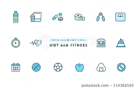 Diet and fitness illustrations.Vector icon set. Diet and fitness illustrations.Vector icon set. 114368585