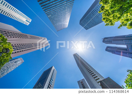 日本東京城市景觀 — 新宿副中心、東京都廳大樓等的摩天大樓和陽光景觀。 114368614
