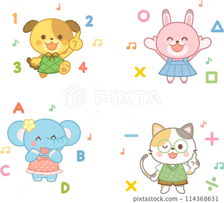 Mathematical and English symbols and animal characters set 114368631