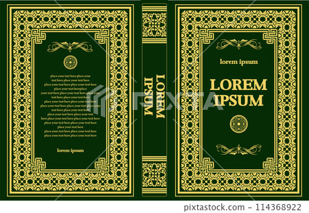 Ornate leather book cover and Old retro ornament frames. Royal Golden style design. Historical novel. Oriental style Vector illustration. Hand drawn illustration Ornate leather book cover and Old retro ornament frames. Royal Golden style design. Historical novel. Oriental style Vector illustration. Hand drawn illustration 114368922