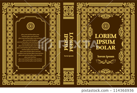 Ornate leather book cover and Old retro ornament frames. Royal Golden style design. Historical novel. Oriental style Vector illustration Ornate leather book cover and Old retro ornament frames. Royal Golden style design. Historical novel. Oriental style Vector illustration 114368936