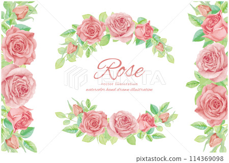 Pink rose frame painted with watercolors 114369098