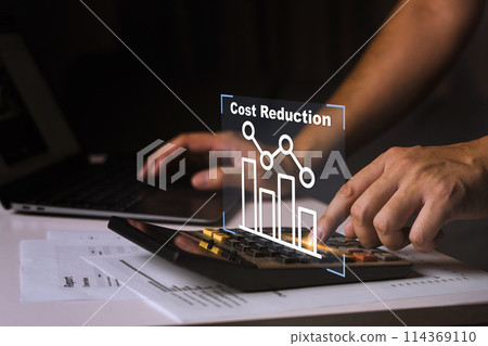 Cost reduction concept, Businessman is using cost calculator with budget, cost management. Cut, lower Cost reduction concept, Businessman is using cost calculator with budget, cost management. Cut, lower 114369110