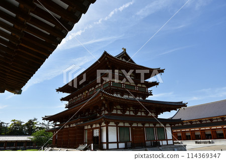 Yakushiji temple's main hall shines against the blue sky 114369347