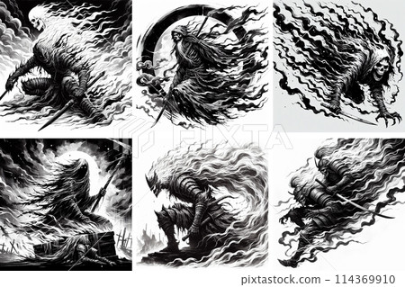 陣亡戰士鬼魂的單色插圖，類似水墨畫 114369910