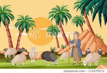 Shepherd with Flock at Sunset Shepherd with Flock at Sunset 114370512