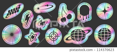 Y2K stickers with hologram gradient. Retro foil labels set with rainbow silver texture. 2000s metal vector realistic stamps. Iridescent elements collection. Neon trendy symbols. Y2K stickers with hologram gradient. Retro foil labels set with rainbow silver texture. 2000s metal vector realistic stamps. Iridescent elements collection. Neon trendy symbols. 114370623