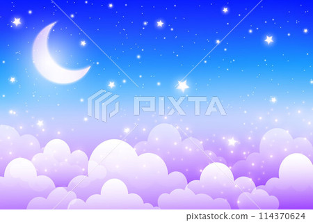 Night sky background. Cloudy blue vector space with moon and star. Sleepy cartoon fantasy midnight scene. Cute landscape with crescent. 114370624