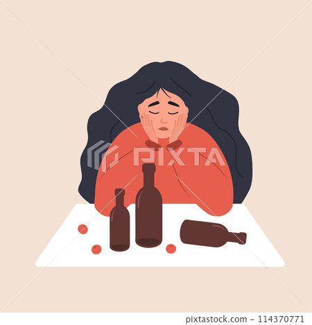 Alcohol abuse. Booze concept. Sad girl sitting at table and drinking wine. Social issue, Alcohol Addiction. Dangerous Habit. Vector illustration in flat cartoon style 114370771